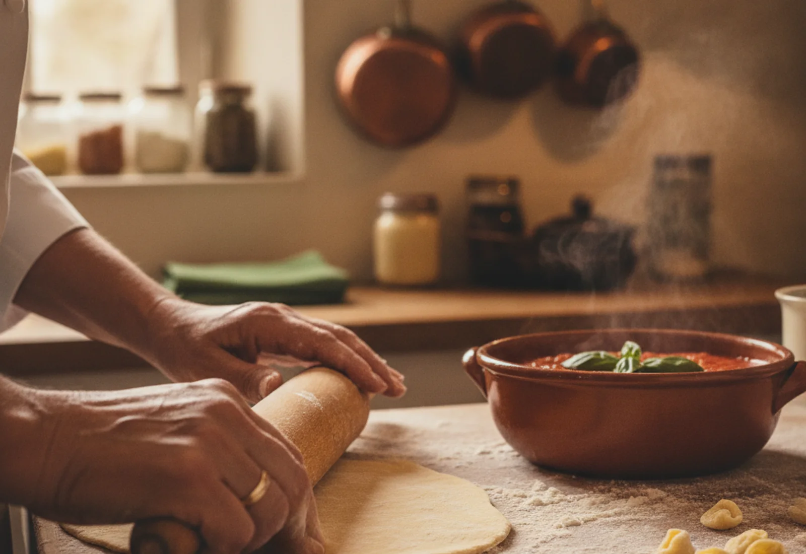 Hands rolling fresh pasta in the kitchen.