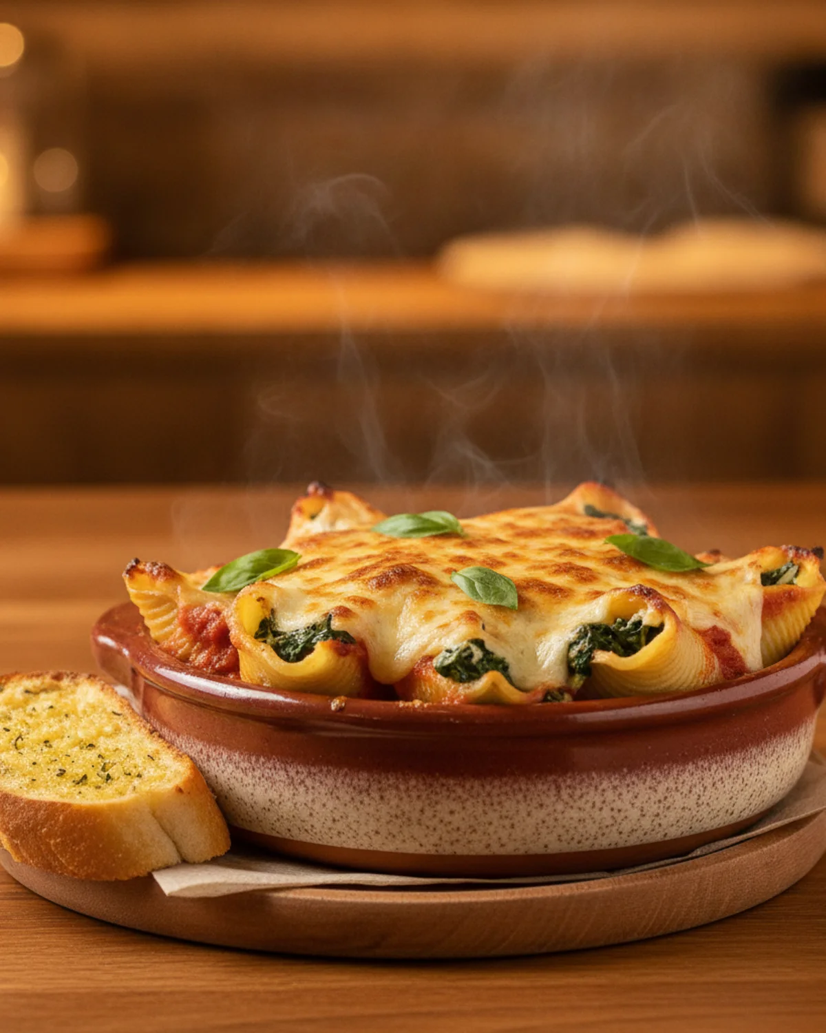 Baked stuffed shells in red sauce.