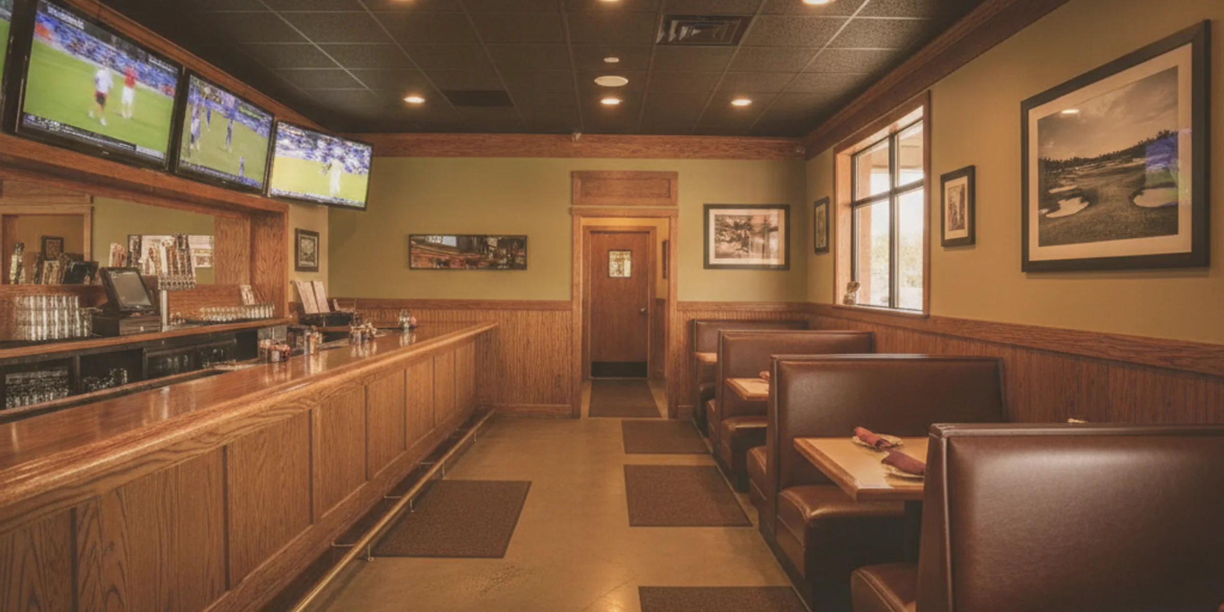 The warm interior of Tee Time Bar and Grill with booths, a long bar, and TVs on the walls.