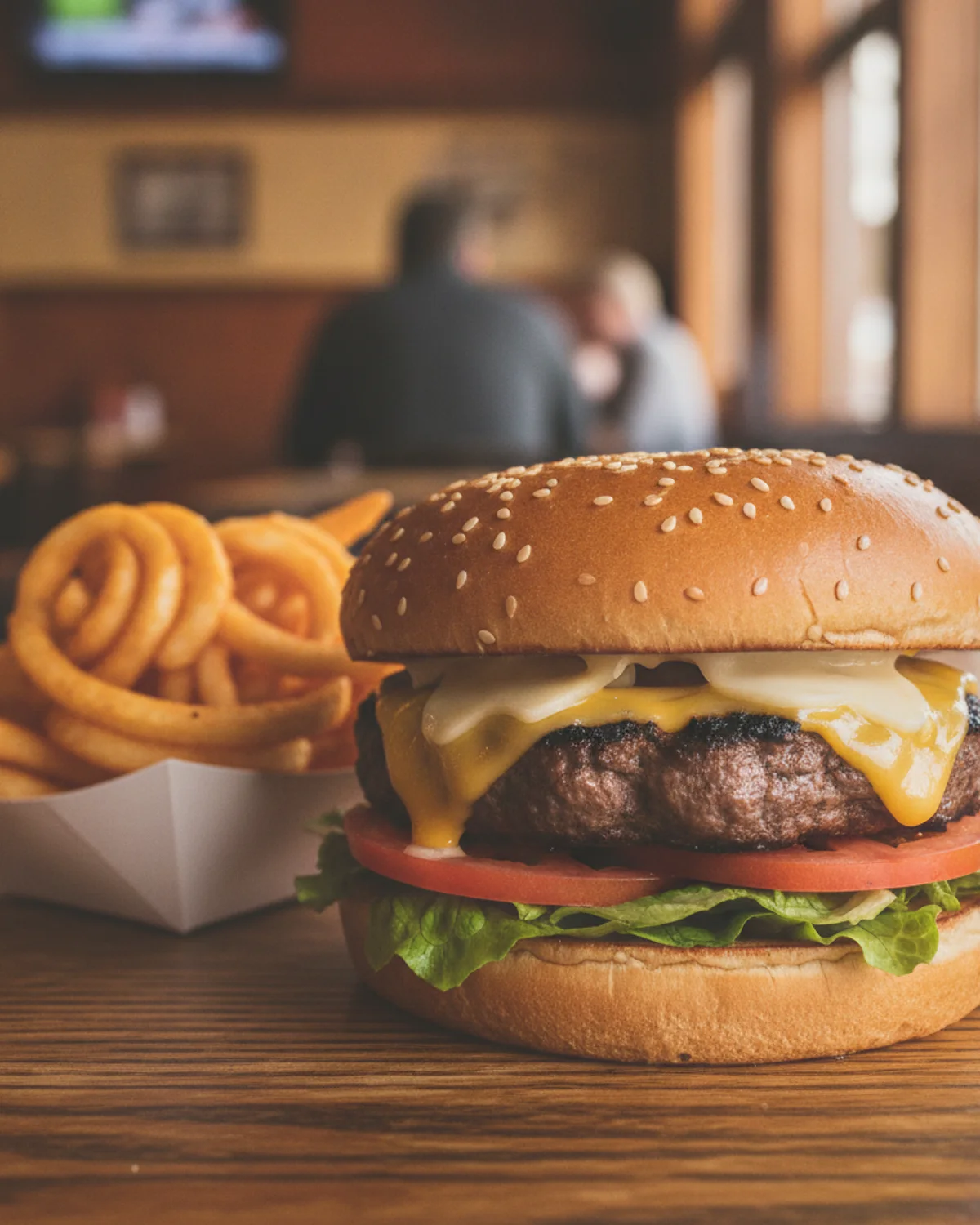 The Tee Burger, a half-pound char-grilled cheeseburger with curly fries.
